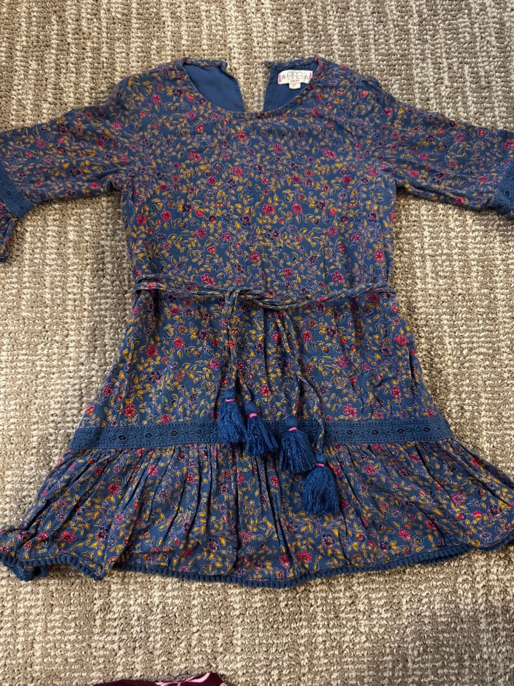 Egg New York Blue Floral Tassel Dress with Belle Sleeves & Pompom Trim – Size 4T